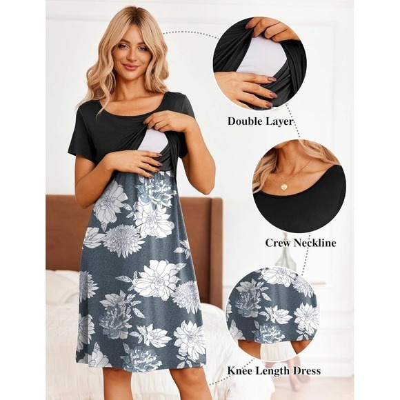 Women's Nursing & Maternity Dress – Short Sleeve,‎ Patchwork, Knee Length XL - Picture 1 of 5